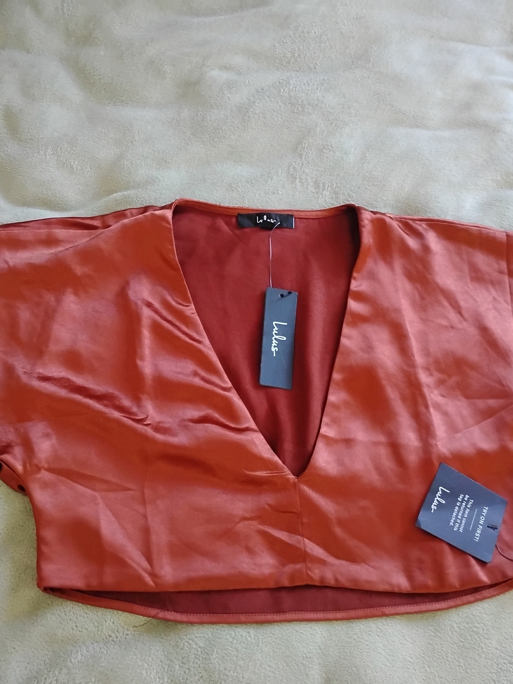 Lulu's Rust Satin V-Neck Crop Top